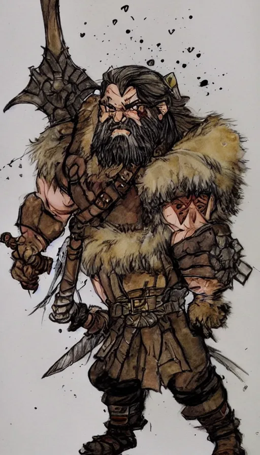 Image similar to Dwarf Barbarian, drawn by Yoji Shinkawa, water color, Dungeons and Dragons, Wizards of the Coast