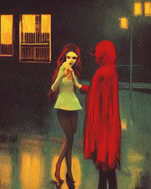 Image similar to a kodachrome photo of a girl meeting the devil in the rain at night, 1 9 7 0 s, seventies, wallpaper, delicate embellishments, painterly, offset printing technique, by brom, robert henri, walter popp