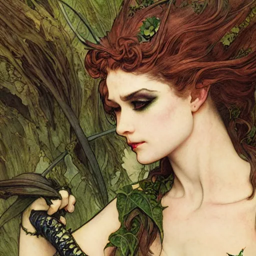 Image similar to a beautiful and detailed matte painting of a seductive succubus dressed as poison ivy, fantasy, d & d, dark eyeliner, intricate, elegant, highly detailed, digital painting, artstation, concept art, matte, sharp focus, illustration, art by rebecca guay and by arthur rackham and by alphonse mucha and by john william waterhouse