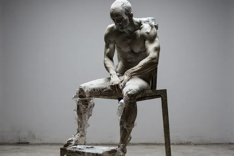 Image similar to a sculpture of a person sitting on top of a chair, a marble sculpture by nicola samori, behance, neo - expressionism, marble sculpture, apocalypse art, made of mist