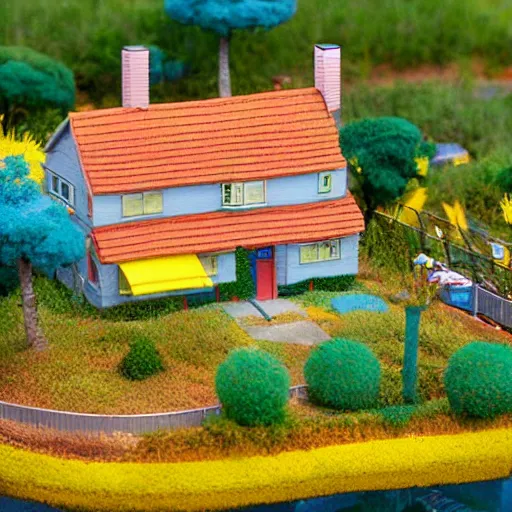 Prompt: diorama of The Simpsons' house, tilt-shift photography, highly detailed