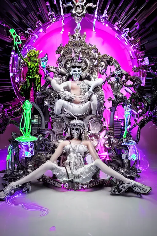 Prompt: full-body rococo and cyberpunk style neon statue of a young attractive guido macho dotado e rico android sim roupa reclining con las piernas abertas e la piroca dura, glowing white laser eyes, prince crown of pink gears, diamonds, swirling silver-colored silk fabric. futuristic elements. full-length view. space robots. human skulls. intricate artwork by caravaggio. Trending on artstation, octane render, cinematic lighting from the right, hyper realism, octane render, 8k, depth of field, 3D