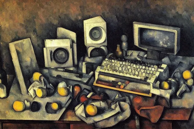 Image similar to still life painting of vintage computers by Paul Cézanne, oil on canvas, strong lighting, highly detailed, hyper realism, HD, 4K