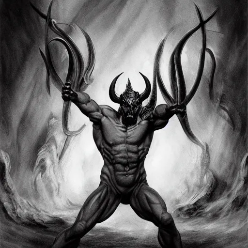 Image similar to full body, grayscale, James Daly, Gustave Dore, muscled humanoid balrog demon, horns, claws, large horned tail, heroic pose, swirling flames