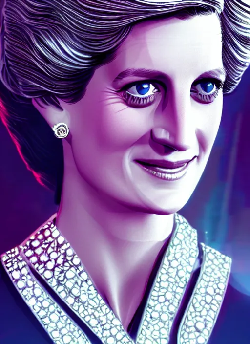 Prompt: princess diana as a cyberpunk woman, intricate, cinematic lighting, highly detailed, canon 3 5 mm photography, horizontal symmetry, smooth, sharp focus