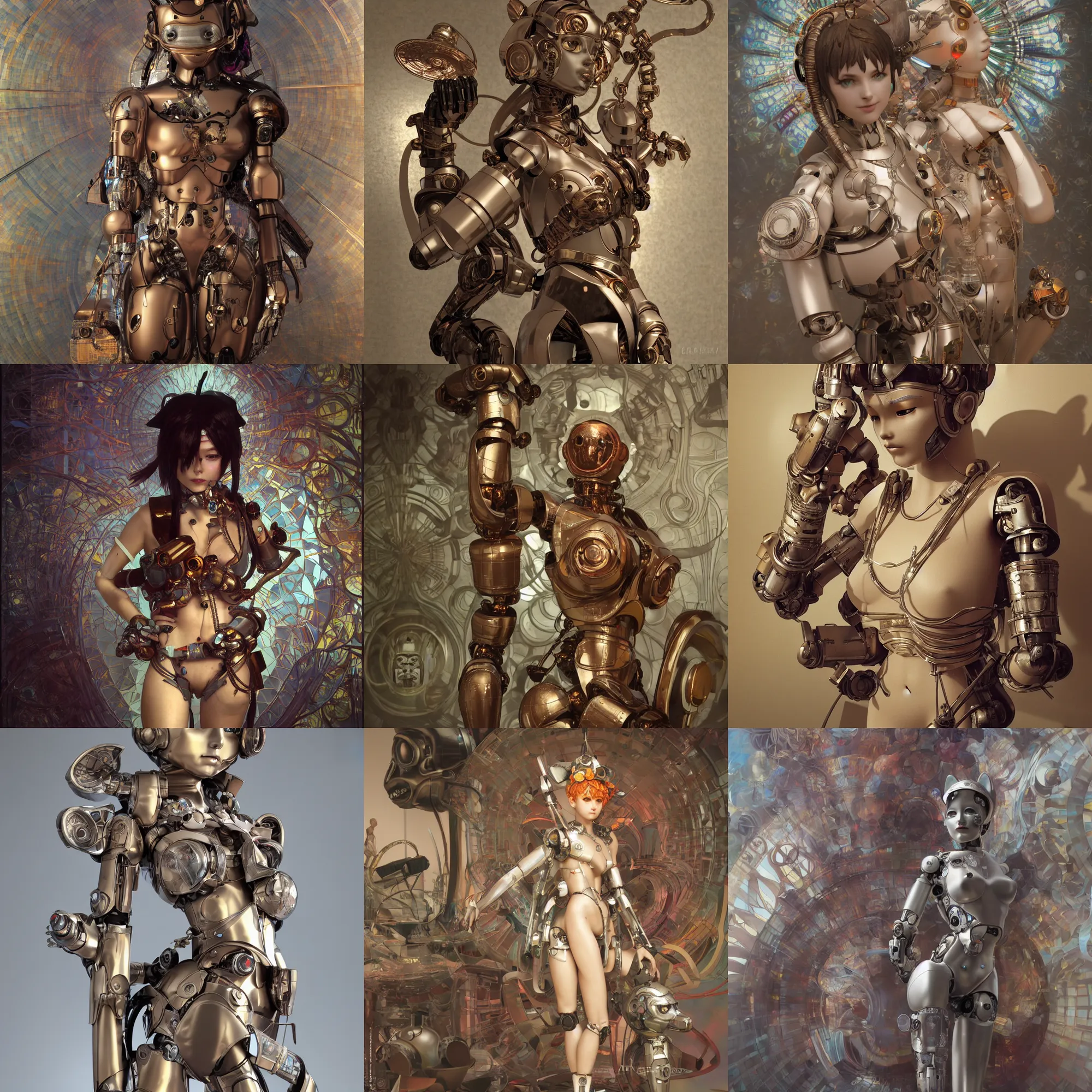 Prompt: 3 d octane render, ultra photorealistic, 8 k hyper detailed, a very cute roman statue robot of the anthropology primitive, cat ears, cyberpunkers cgsociety, in a contemporary art gallery, in neo tokyo, artwork by alphonse mucha