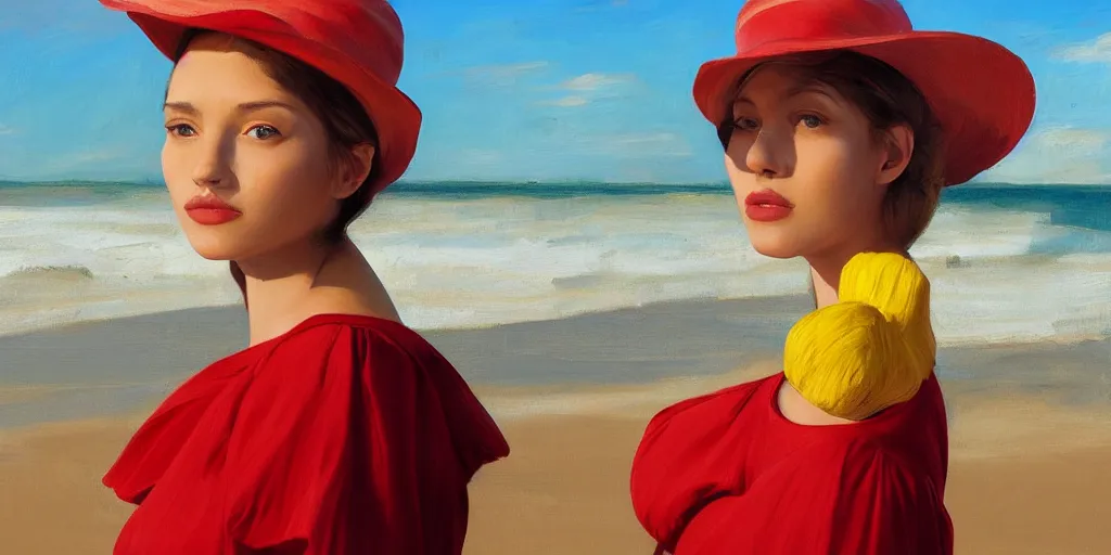 Image similar to beautiful oil matte portrait painting, young woman with red dress and mustard yellow summer hat at a beach on a sunny day, wonderful masterpiece highly detailed, beautiful cinematic light deep focus, elegant, digital painting, smooth, sharp focus, golden ratio, dramatic illumination, ultra realistic, 8 k, art by jimmy law and caravaggio