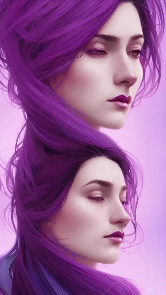 Image similar to Purple hair, creative colouring Portrait of woman face profile, fashion, coloured strands of hair, intricate, elegant, highly detailed, digital painting, artstation, concept art, smooth, sharp focus, illustration, art by artgerm and greg rutkowski and alphonse mucha, 8k