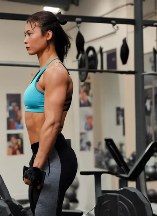 Prompt: Live Action Still of woman in the gym, real life, body and headshot, film still