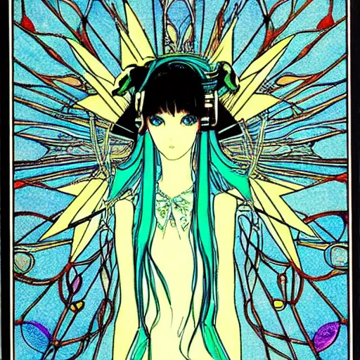 Image similar to Hatsune miku by Harry Clarke, anime style