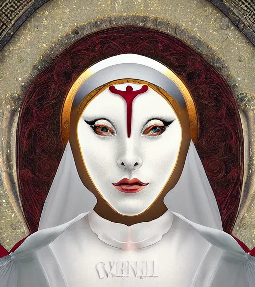 Image similar to beautiful female character inspired by venice carnival and nun | | digital artwork made by greg rutswork and lois van barlee, symmetrical, anatomically correct