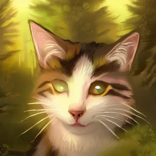 Prompt: portrait of a cat in a forest, by kawacy, trending on artstation, backlighting, sunlight, trending on pixiv, bokeh, furry art, anime