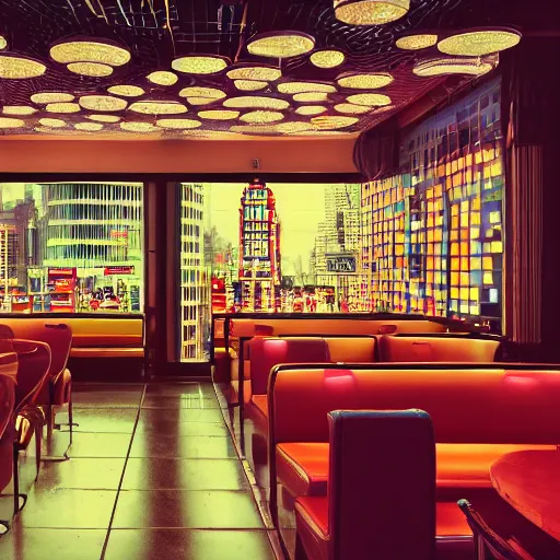 Image similar to wide angle photo of 60‘s retro fancy restaurant interior, neon-decorated urban on night in the city seen through the window,modern interior design, architectural design, vintage, night blade runner, dark, postapocalyptic, clean lines, 4k, octane, colorful ,lunarcore city seen at distance outside, big windows,octane, wide angle