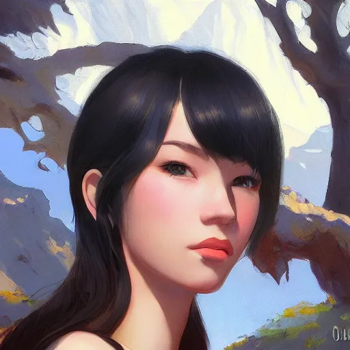 Image similar to oil painting by ilya kuvshinov,, baugh casey, artgerm craig mullins, sakimi, coby whitmore, of a youthful japanese girl, long hair, female warrior in the alps, highly detailed, otherworldly face, disney palace in background studio photography, noon, intense bounced light, water reflection, large tree casting shadow, by zack snyder