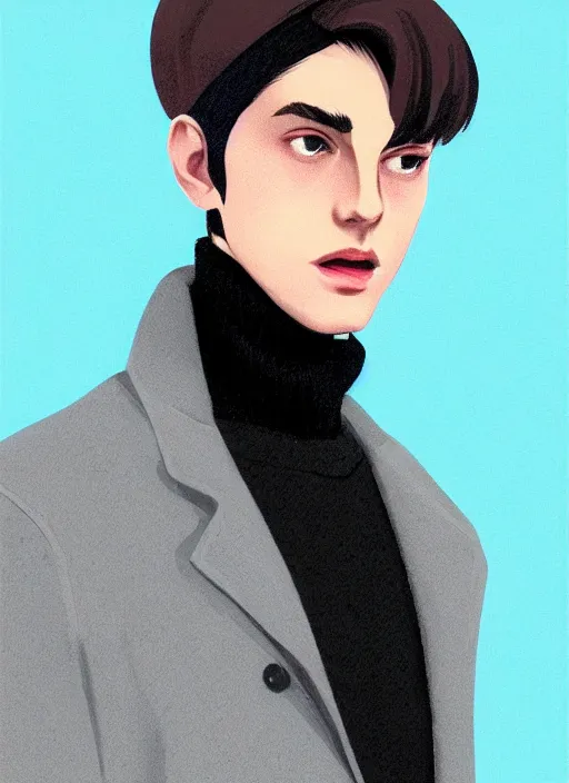 Image similar to portrait of teenage jughead jones wearing a light grey crown, crown, blue turtleneck, 1 9 5 0 s, closed eyes, photorealistic, black hair, glowing lighting, intricate, elegant, glowing lights, highly detailed, digital painting, artstation, concept art, smooth, sharp focus, illustration, art by wlop, mars ravelo and greg rutkowski