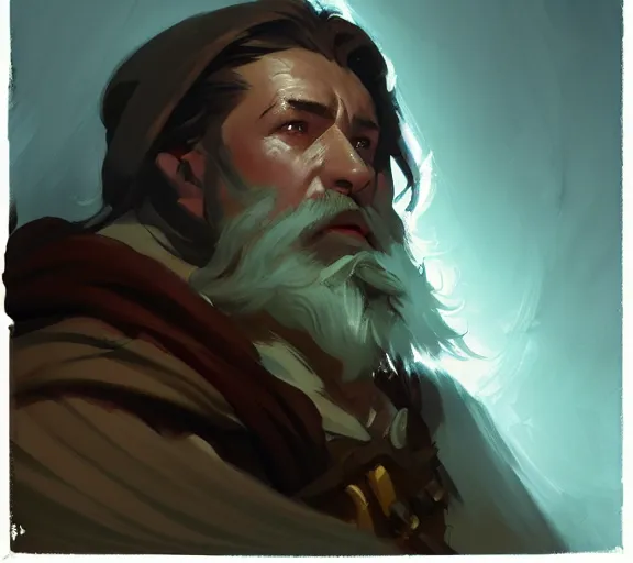 Image similar to greg manchess portrait painting of bard, d & d, fantasy, medium shot, asymmetrical, intricate, elegant, matte painting, illustration, hearthstone, by greg rutkowski, by greg tocchini, by james gilleard, by joe fenton, dynamic lighting, gradient light blue, brown, blonde cream and white color scheme, grunge aesthetic