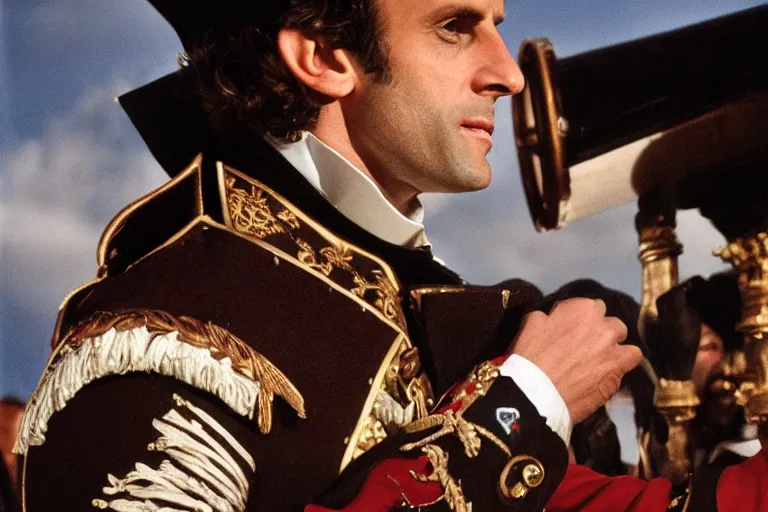 Prompt: closeup portrait of emmanuel macron dressed as napoleon carrying a large cannon, natural light, sharp, detailed face, magazine, press, photo, steve mccurry, david lazar, canon, nikon, focus