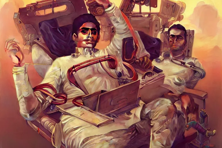 Prompt: Exhausted good looking pale young Indian doctors wearing jeans in a space station above Earth performing surgery, portrait, elegant, intricate, retrofuturistic digital painting, artstation, concept art, smooth, sharp focus, illustration, art by artgerm and greg rutkowski and alphonse mucha