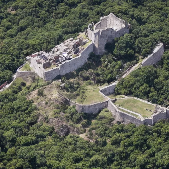 Image similar to aerial view of a fortress from above on a hill by the ocean shaped exactly like the punisher symbol detailed