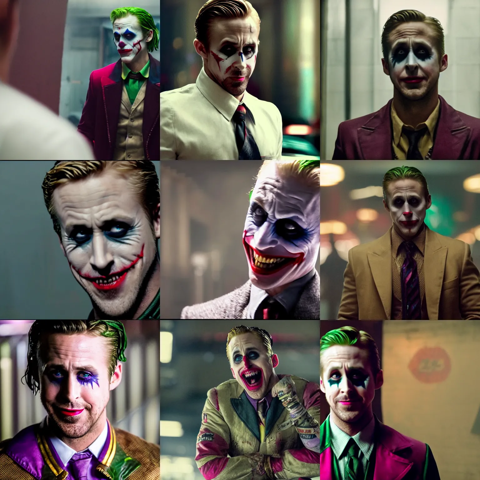 Prompt: ryan gosling as the joker in suicide squad ( 2 0 1 6 ) - w 8 5 4 directed by david ayer, cinematography by roman vasyanov, movie stills )