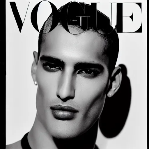 Image similar to a beautiful professional black and white photograph by hamir sardar, herb ritts and ellen von unwerh for the cover of vogue magazine of an unusually handsome moroccan male fashion model looking at the camera in a flirtatious way, leica 5 0 mm f 1. 8 lens