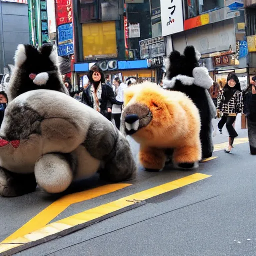 Prompt: furry critters on parade in shibuya by dali