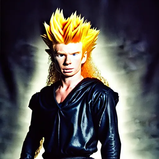 Prompt: uhd candid photo of hyperdetailed young dave mustaine as a super saiyan. correct face, intricate costume, cinematic lighting, photo by annie leibowitz, and steve mccurry.