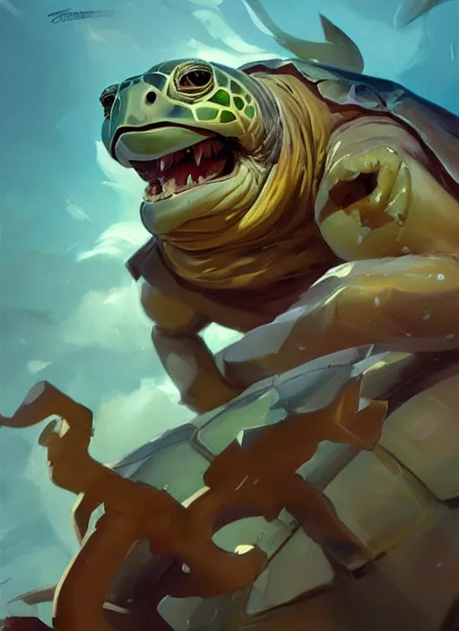 Prompt: Greg Manchess portrait painting of an anthropomorphic sea turtle character from league of legends, full shot, asymmetrical, splashscreen, Organic Painting, sunny day, Matte Painting, bold shapes, hard edges, cybernetic, street art, trending on artstation, by Huang Guangjian and Gil Elvgren and Sachin Teng