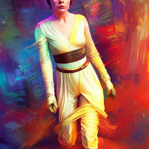 Image similar to daisy ridley ( star wars ), full body portrait colorful oil painting by android jones, john jean, yuumei, yanjun cheng, unreal 5, daz, hyperrealistic, octane render, rpg portrait, dynamic lighting, fantasy art, beautiful face