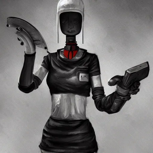 Prompt: a maid robot android girl holding a machete, with an emotionless expression, assassin character concept art, animesque style, cyberpunk vibes, digital painting, trending on artstation, highly detailed