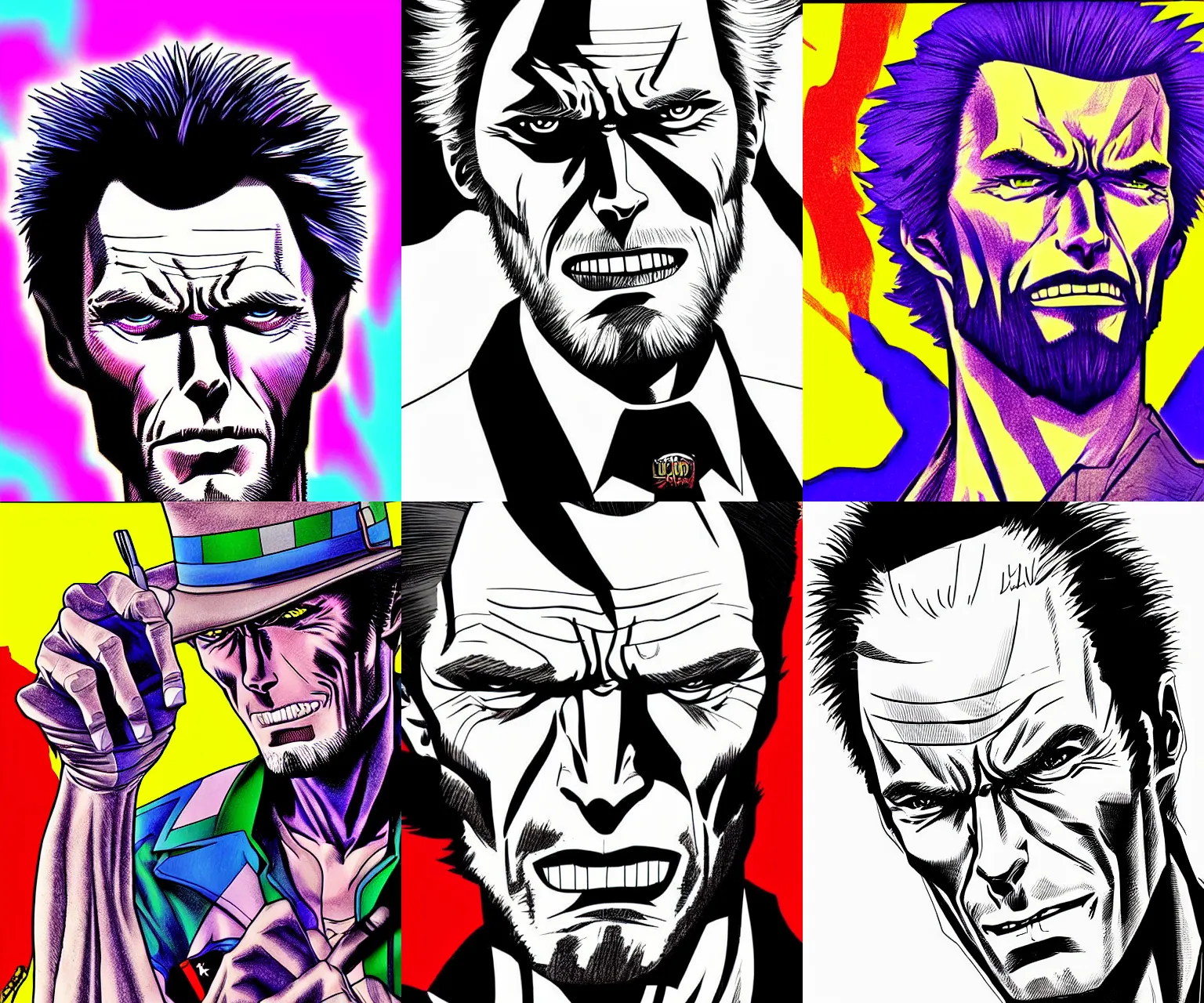 Prompt: Digital ink close up drawing of Clint Eastwood from JoJo\'s Bizzare Adventure, colored with vibrant colors, highly detailed, sharp focus, screentone shading, 1990 manga panel, trending on ArtStation, manga cover art drawn by Hirohiko Araki