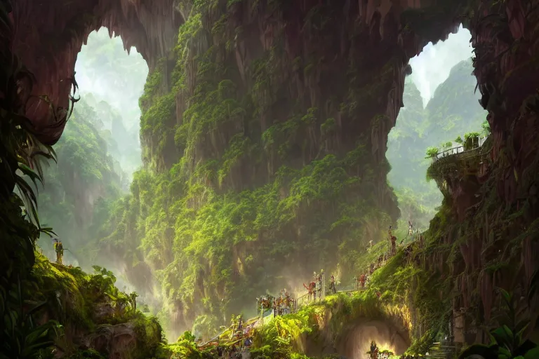 Prompt: at the foot of a mountain lies an enormous cavern inside a lush valley, deep focus, d & d, fantasy, intricate, elegant, highly detailed, digital painting, artstation, concept art, matte, sharp focus, illustration, hearthstone, art by artgerm and greg rutkowski and alphonse mucha gediminas pranckevicius