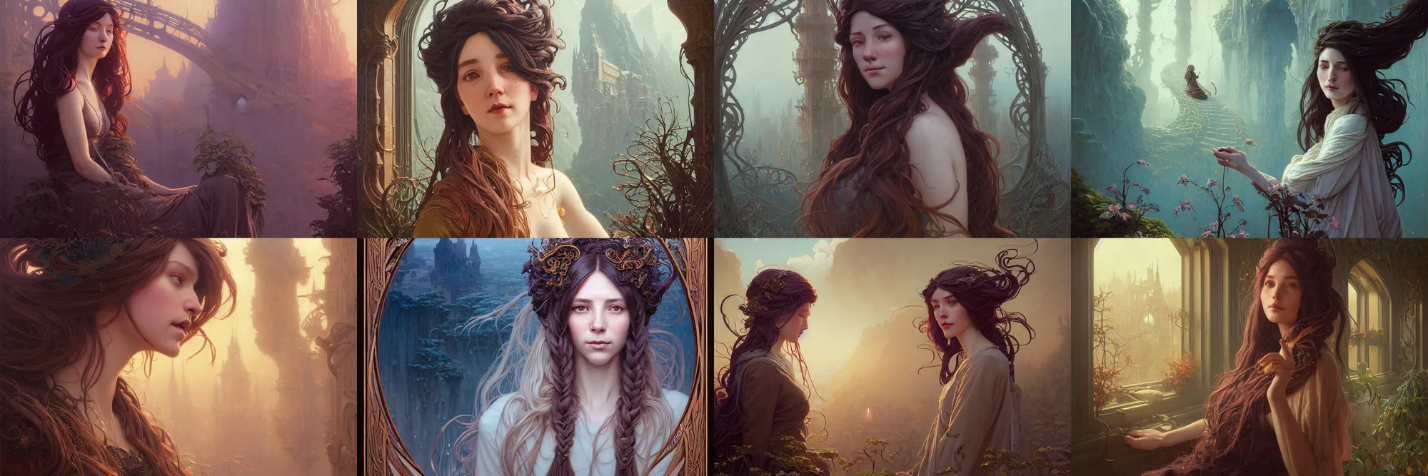 Image similar to highly detailed portrait of a woman with long hairs, stephen bliss, unreal engine, fantasy art by greg rutkowski, art nouveau, loish, rhads, ferdinand knab, makoto shinkai and lois van baarle, ilya kuvshinov, rossdraws, tom bagshaw, alphonse mucha, global illumination, radiant light, detailed and intricate environment