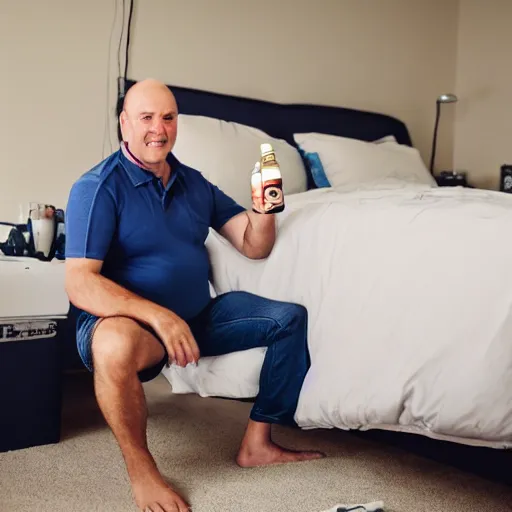 Prompt: a middle aged man, thinning hair, wearing under shirt and underpants, holding a beer, showing off his (racecar! bed) in his apartment.