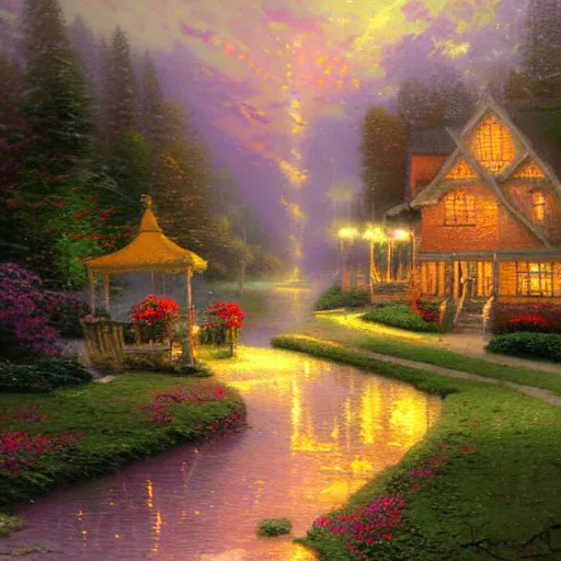 Prompt: Deprrssion painting by Thomas Kinkade