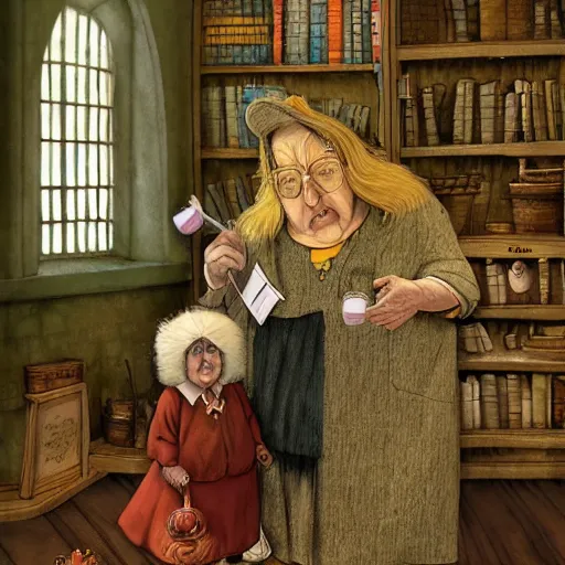 Image similar to Nanny Ogg as a motherly professor in Hogwarts School of Witchcraft and Wizardry, detailed, hyperrealistic, colorful, cinematic lighting, digital art by Paul Kidby and Jim Kay