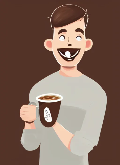 Image similar to a white young man drinking from a coffee cup, which is a brown flower, big smile, prominent big eyes, wise forehead, big lips, round portruding chin, background full of brown flowers, standout colours, thin sharp lines, digital painting, artstation, matte, sharp focus, illustration, moe artstyle