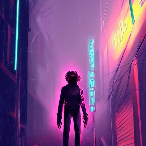 Image similar to digital painting of a teenage Synthwave aesthetic albino lion in a dark rainy cyberpunk alleyway while holding a long dagger and wearing a dark cyan neon glowing black cloak reflecting on the wet pavement trending on artstation, cinematic lighting