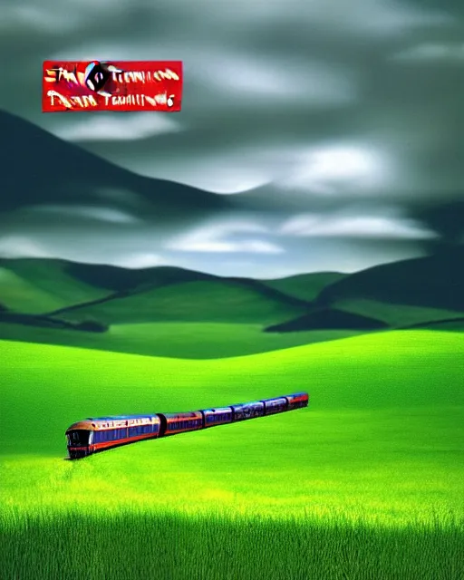 Image similar to strange. a train traveling through a lush green countryside, an album cover by ian hamilton finlay, tumblr, expressionism, windows xp, strange, ue 5