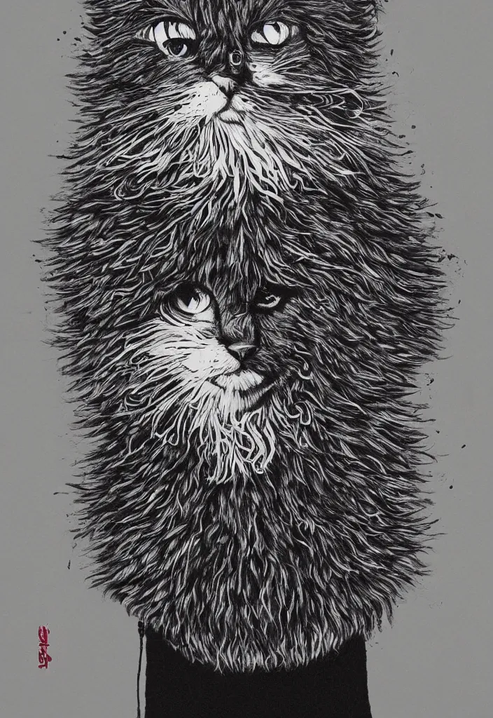 Image similar to fluffy cat with an afro comb t - shirt design, by jules julien, alex yanes, dark grisaille monochrome neon spraypaint, ironic surrealism, hypebeast