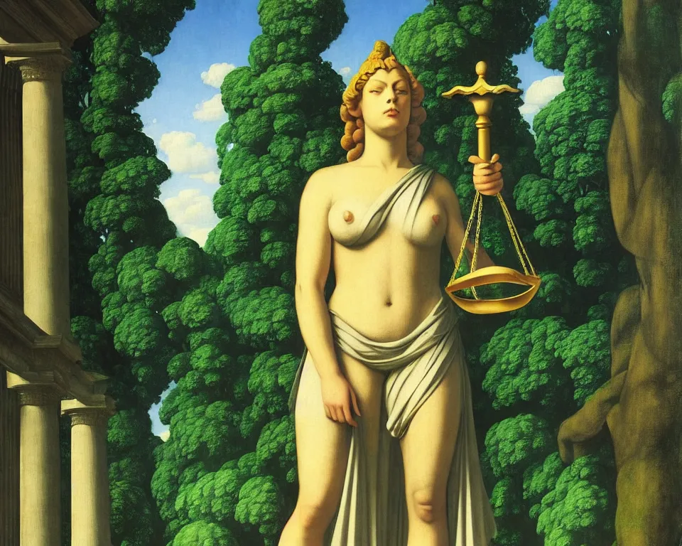 Prompt: achingly beautiful print of lady justice outside a temple in the rainforest by raphael, hopper, and rene magritte. detailed, romantic, enchanting, trending on artstation.