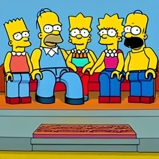 Prompt: the simpsons on their couch made of legos