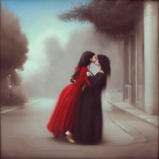 Prompt: two women kissing on the street, tom bagshaw style,