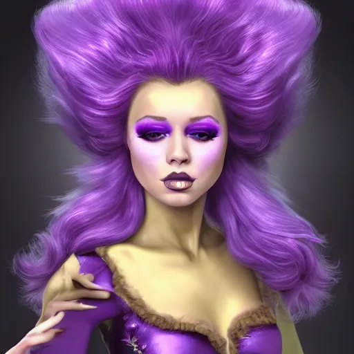 Image similar to Glam hair, rococo, 80s hair, Elf girl with purple skin, alien skin, purple elf, purple, purple-skinned elf, yellow hair, hairspray, big hair, wild hair, glam make-up, 80s, illustration, fantasy art, trending on ArtStation, 1980s fantasy art