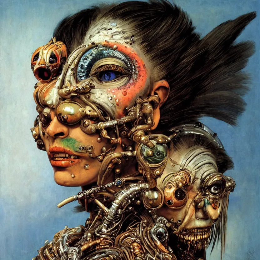 Prompt: a baroque close - up portrait of a fantasy alien cyborg shaman goddess wearing facepaint and a colorful laser eyes, holding a bird. black background. studio lighting, big eyes. highly detailed science fiction fantasy painting by norman rockwell, moebius, frank frazetta, syd mead, and sandro botticelli. high contrast. renaissance masterpiece. artstation.