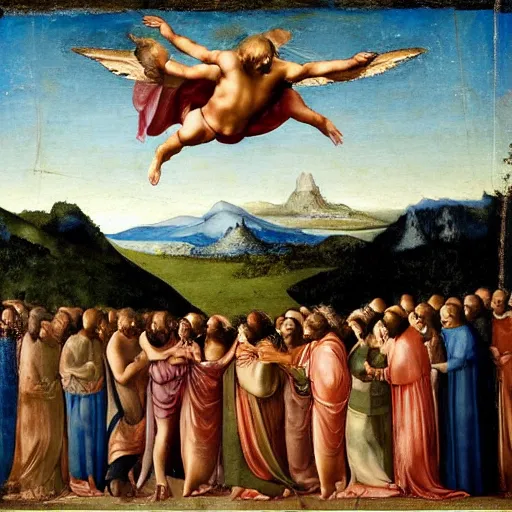 Image similar to Moodymann ascends to Heaven on a flying turntable, fresco, by Raphael, Giotto, Michelangelo