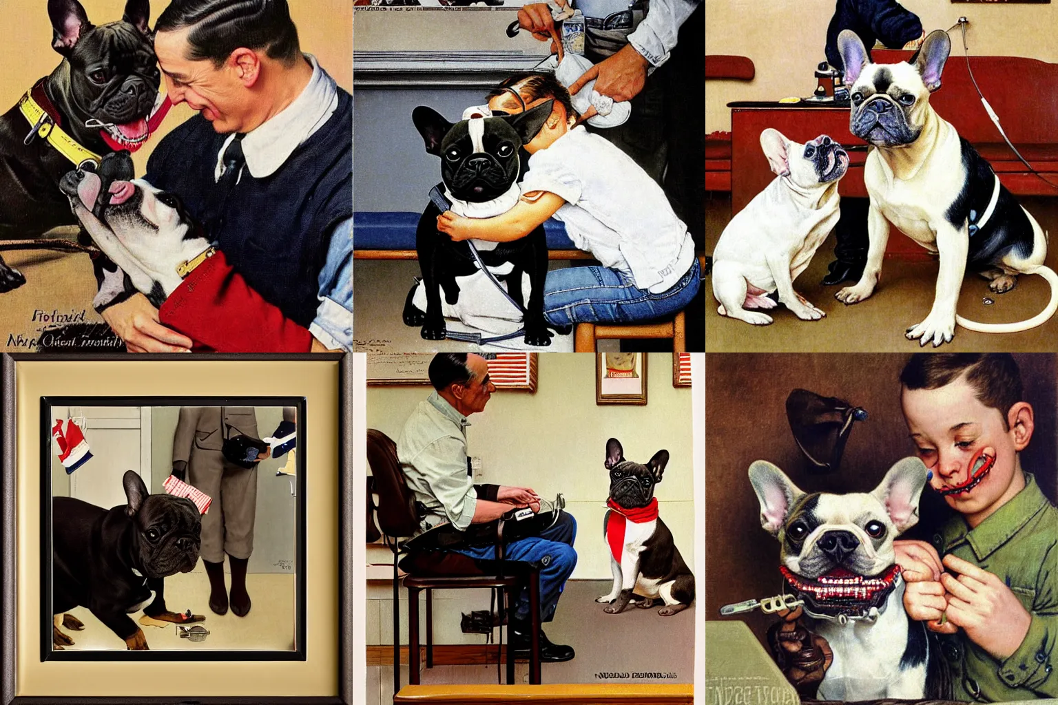 Prompt: french bulldog getting braces at the orthodontist office, by norman rockwell