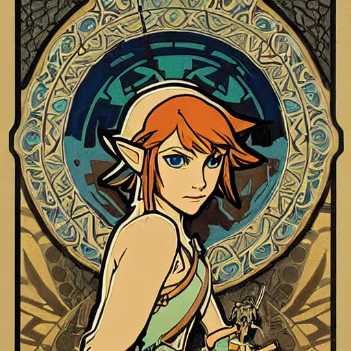 Image similar to a painting of The Legend of Zelda: Breath of the wild by mucha