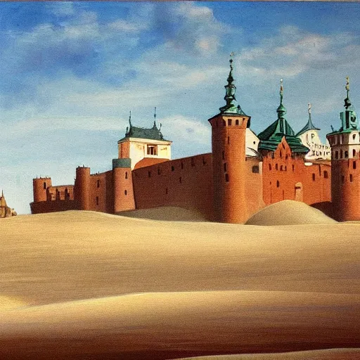 Prompt: painting of Cracow Wawel castle buried in the sands of a vast desert, most of the castle is covered in sand, beautiful lighting, detailed, realistic