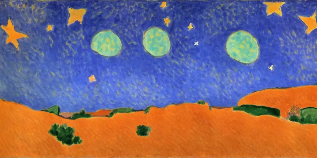 Image similar to desert with sky with stars by henri matisse, cinematic, highly detailed wide, atmospheric lighting